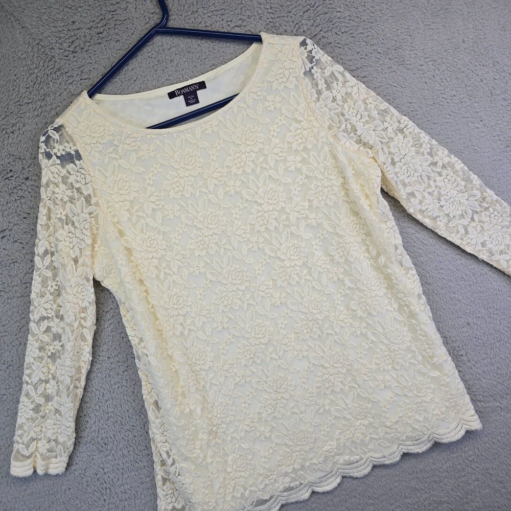Roamans Top Womens 16 Cream Floral‎ Lace Overlay Scalloped Cottagecore Boho